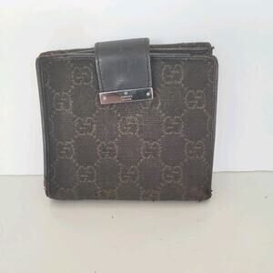 GUCCI Logo Plate Canvas Leather Card Bill Wallet Medium Bifold Brown Fair